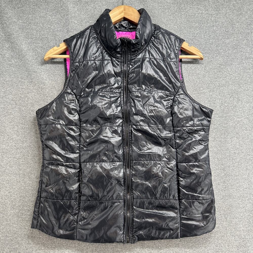 JENNI by Jennifer Moore Black Puffer Vest Large Pink Lining Full Zip Lightweight